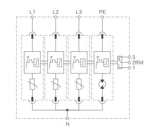 WR-T2T3 3P + NPE, three-phase SPD circuit diagram with GDT arrester